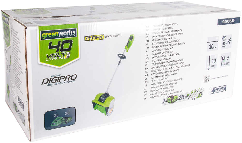Снегоуборщик-снеголопата GREENWORKS GD40SS 40В,б/щ,30 см,без АКБ/ЗУ (2600807)