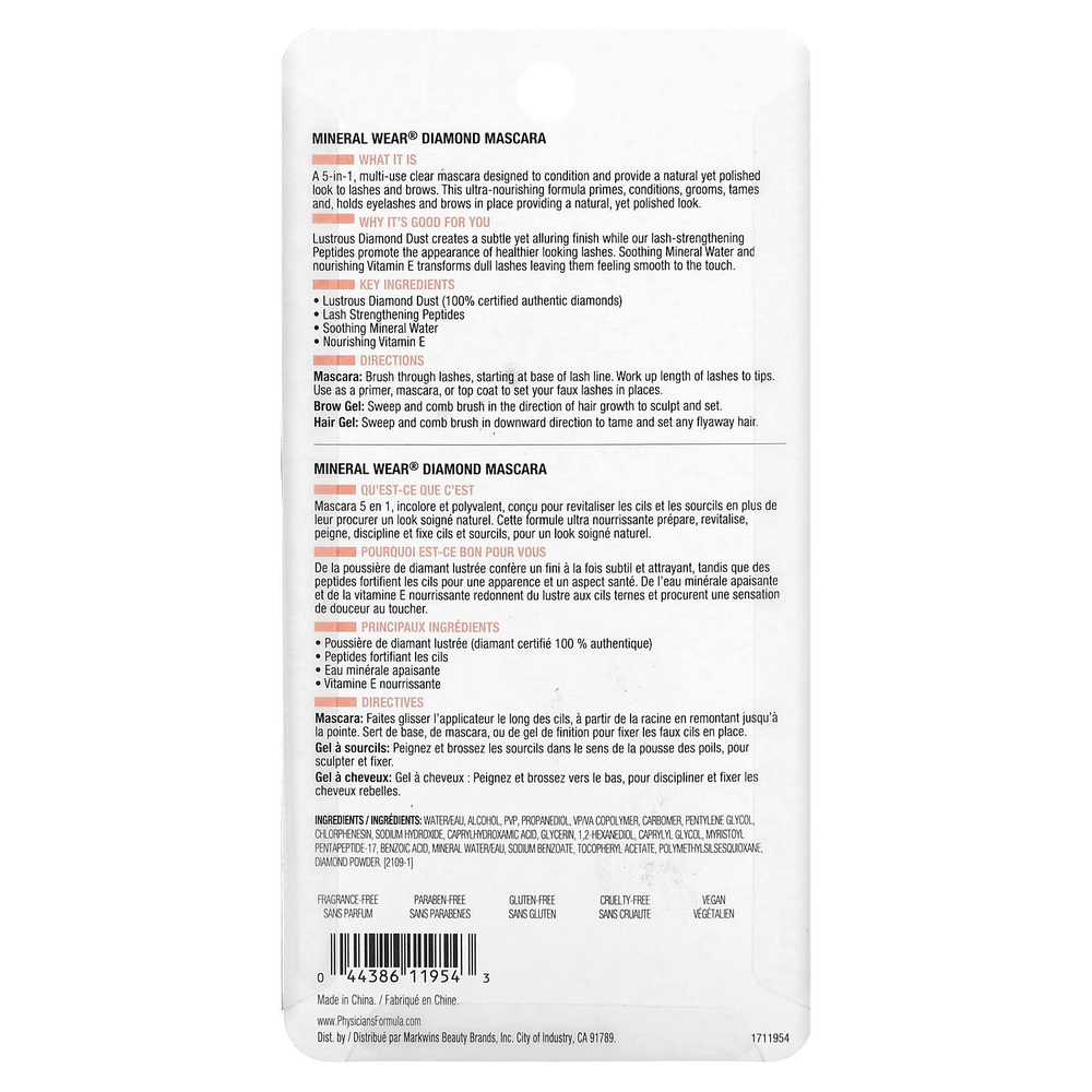 Physicians Formula, Mineral Wear, Diamond Mascara, прозрачная тушь 5-в-1, 1711954 Clear Diamond, 9,5 мл (0,32 жидк. унц.)