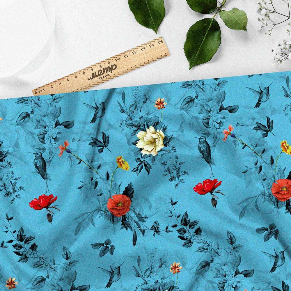 Ткань мембрана монохромные цветы на голубом