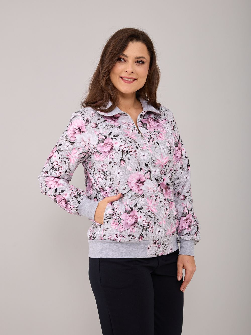 Толстовка К-184/серыймеланж-цветы