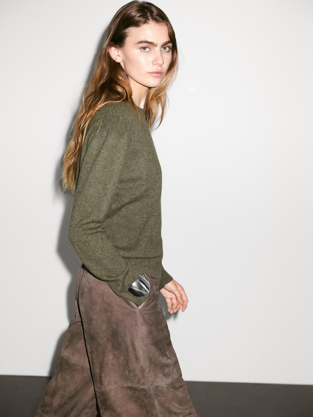 Massimo Dutti Свитер из 100% кашемира с круглым вырезом, зеленый