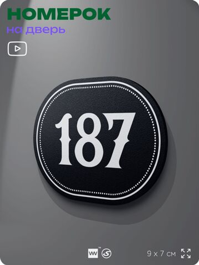 Номерок на дверь квартиры 187, для кабинета, офиса, шильдик 9 х 7 см, черный, Айдентика Технолоджи