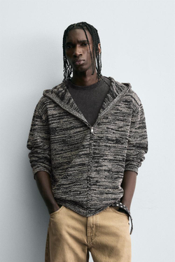 ZARA ВЯЗАНЫЙ КАРДИГАН С КАПЮШОНОМ, ЧЕРНЫЙ