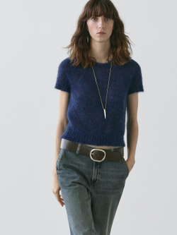 Massimo Dutti Трикотажный свитер из смесовой шерсти альпака с короткими рукавами, темно-синий