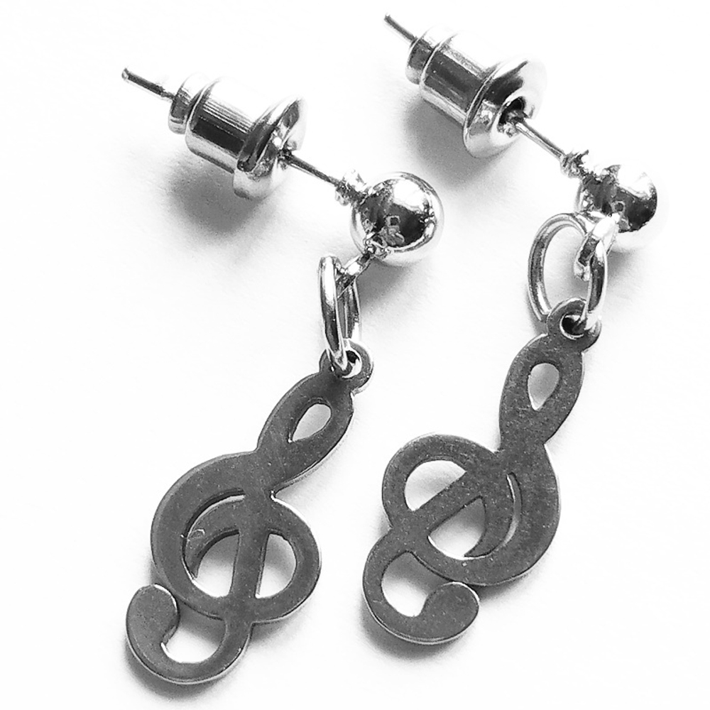 Серьги гвоздики "Скрипичный ключ" (16х7мм) для прокола и украшения пирсинга ушей. Медицинская сталь. Цена за пару.