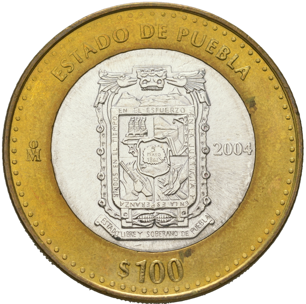 МЕКСИКА, 2004, 100 ПЕСО [БИМЕТАЛЛ] (ESTADO DE PUEBLA)