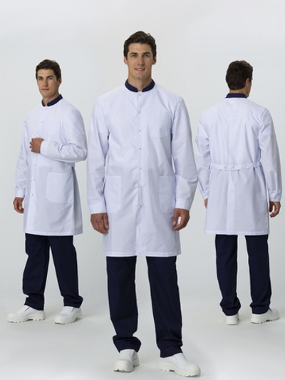 Халат мужской Симпл-001 (тк.Смесовая,120) MedLine, белый/т.синий