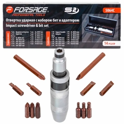 Отвертка ударная с набором бит и адаптером,14пр.1/2''(F)х5/16''(F) (PH1,2,3х35мм, PH3х70мм, SL5,6,8,9х35мм, SL8х70мм, H4,5,6х35мм),в метал. кейсе Forsage F-5064C