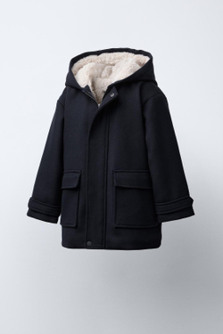 ZARA ПАЛЬТО С ПОДКЛАДКОЙ ИЗ ИСКУССТВЕННОЙ ОВЧИНЫ, МОРСКОЙ СИНИЙ