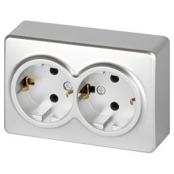 Розетка ЭРА Эксперт 11-2205-03 двойная с заземлением 2х2P+E Schuko IP20 16A-250В ОУ алюминий | Эра Эксперт