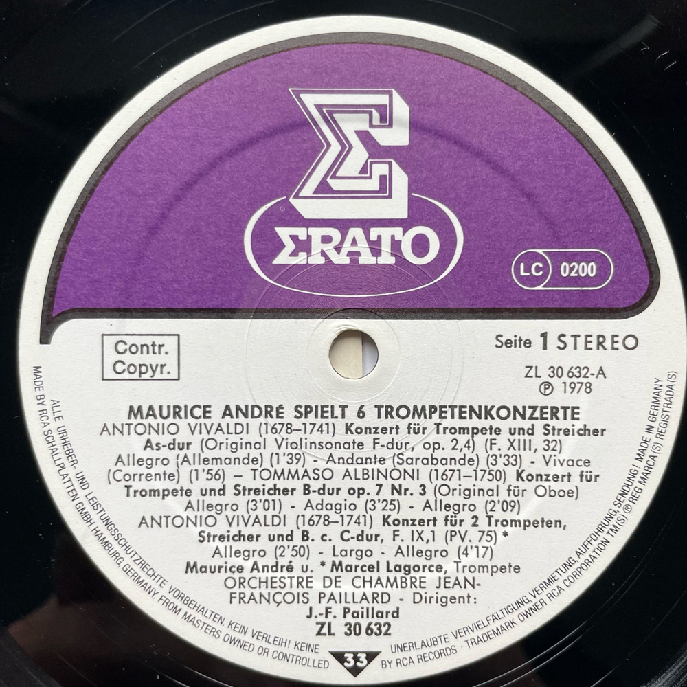 Винтажная виниловая пластинка LP Maurice Andre, Antonio Vivaldi, Tomaso Albinoni, Giuseppe Tartini, Gottfried Heinrich Stolzel Maurice Andre Spielt Sechs Trompetenkonzerte (Германия 1978)