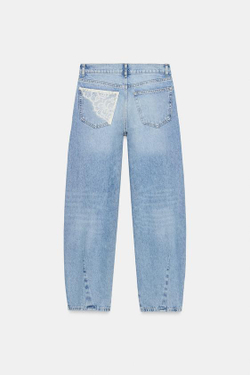 ZARA ДЖИНСЫ Z1975 BAGGY С РАЗРЕЗАМИ И КРУЖЕВОМ, ВЫЦВЕТШИЙ СИНИЙ