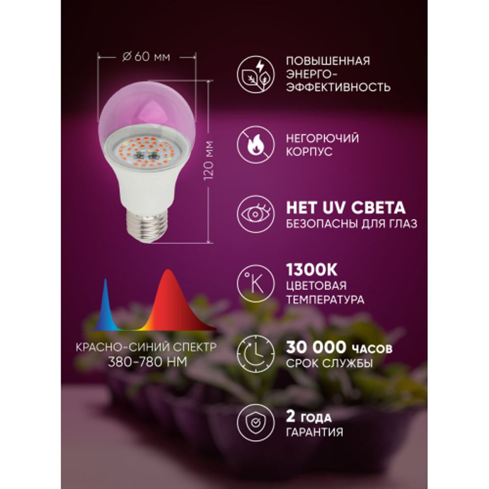 Фитолампа для растений светодиодная ЭРА FITO-12W-RB-E27 красно-синего спектра 12 Вт Е27