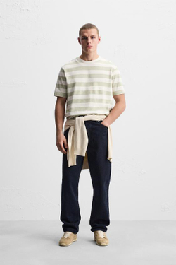 ZARA БАЗОВАЯ ФУТБОЛКА MEDIUM WEIGHT, БЕЛЫЙ/ЗЕЛЕНЫЙ