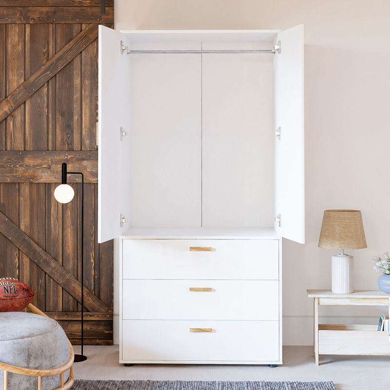 Шкаф 90х58х187, Моби, распашной для одежды, с 3 ящиками, 2 двери, с ручками из массива дуба, Dipriz