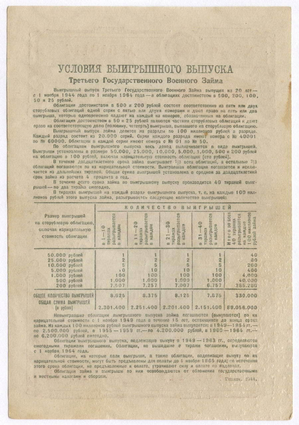 Облигация 25 рублей 1944 год. 3-ий государственный военный заем. Серия 049117. F-VF