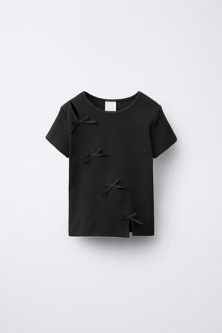 ZARA ФУТБОЛКА В РУБЧИК С БАНТАМИ, АНТРАЦИТОВО-СЕРЫЙ