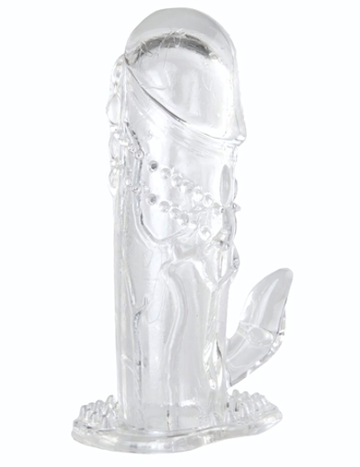 Прозрачная гелевая насадка с клиторальным отростком - 13 см. (Цвет: прозрачный)