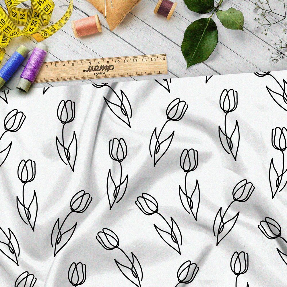 Ткань саржа простые эскизы тюльпанов на бежевом фоне