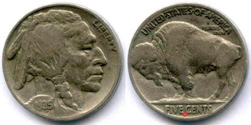 5 центов 1935, 36, 37 гг (без знака - Philadelphia). США. Индеец с бизоном. Медно-никель F-VF