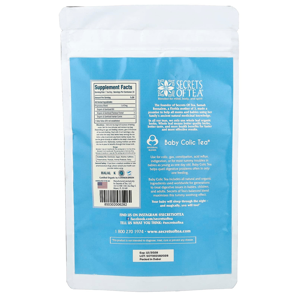 Secrets of Tea, Organic Baby Colic Tea®, без кофеина, 20 неотбеленных чайных пакетиков, 28 г (1 унция)