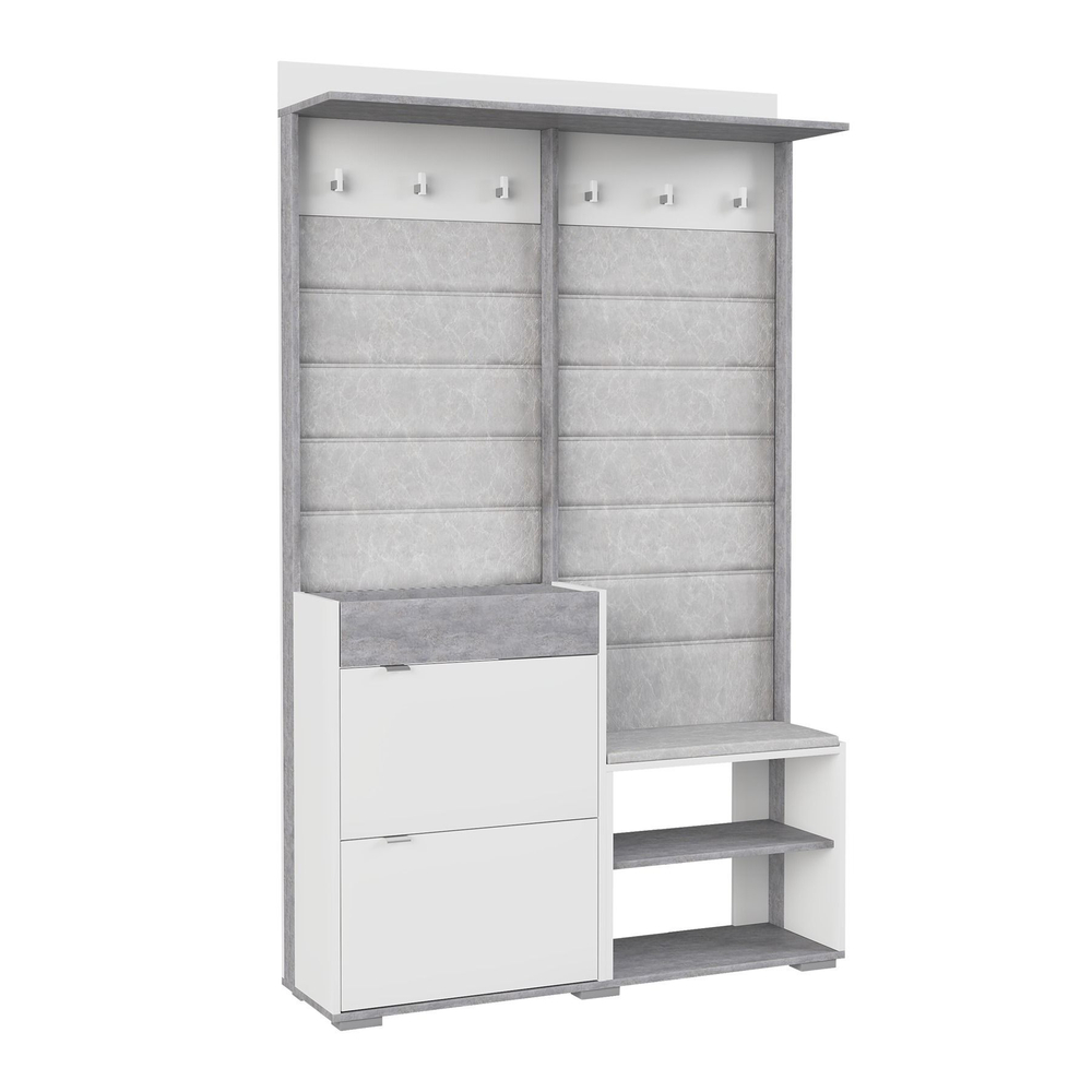 Прихожая с вешалкой и обувницей Белое сияние/Цемент светлый Акцент №4 120х32х196 см