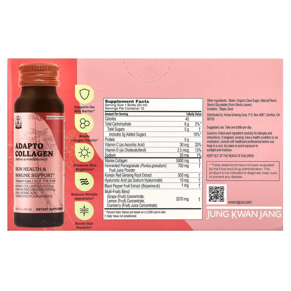 JungKwanJang, Adapto Collagen, со вкусом женьшеня и граната, 10 флаконов по 50 мл (1,69 жидк. унции)