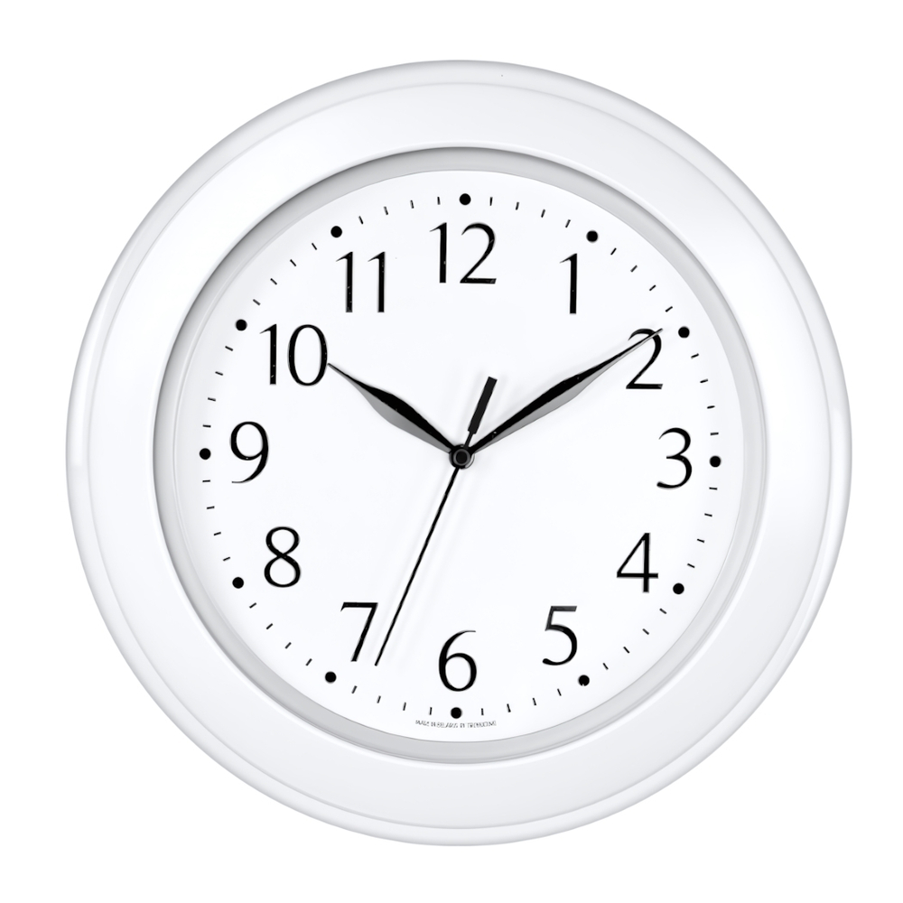 Часы настенные, модель 12, D 300мм, стекло пластик, пластиковый обод, цвет-прозрачный/белый