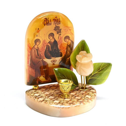 Икона с подсвечником из селенита с цветами "Святая Троица" 100*65*110мм