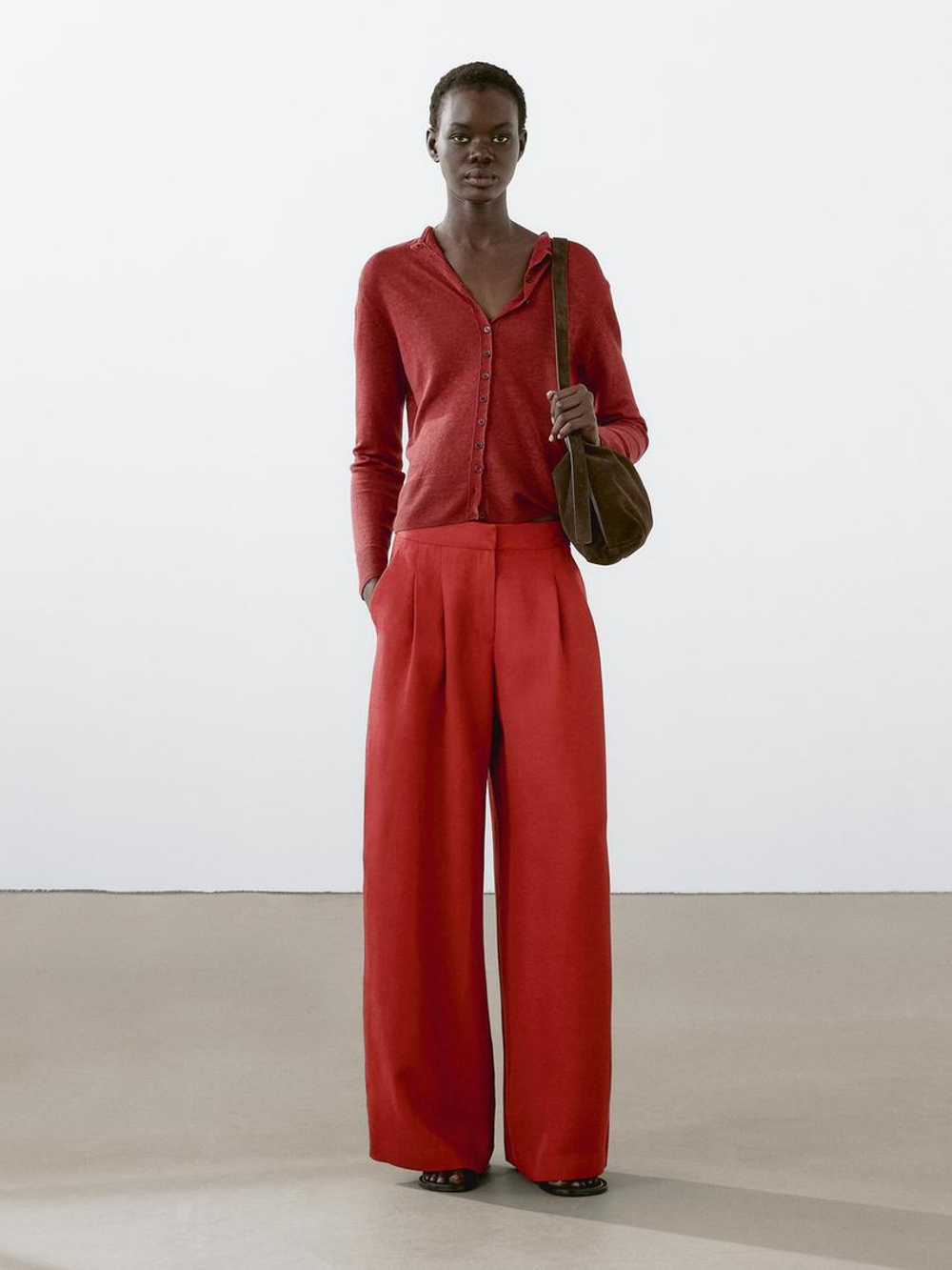 Massimo Dutti Кардиган из 100% льна с длинными рукавами, бургундский