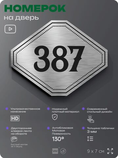 Номерок на дверь квартиры 387, для кабинета, офиса, шильдик 9 х 7 см, брашированная сталь, Айдентика Технолоджи