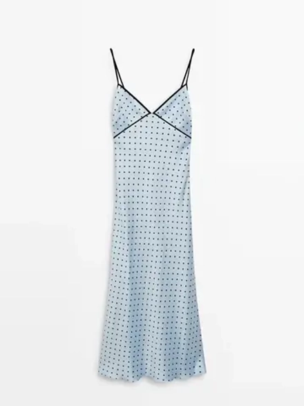 Massimo Dutti Платье-комбинация миди с принтом в горошек - Studio, небесно-голубой