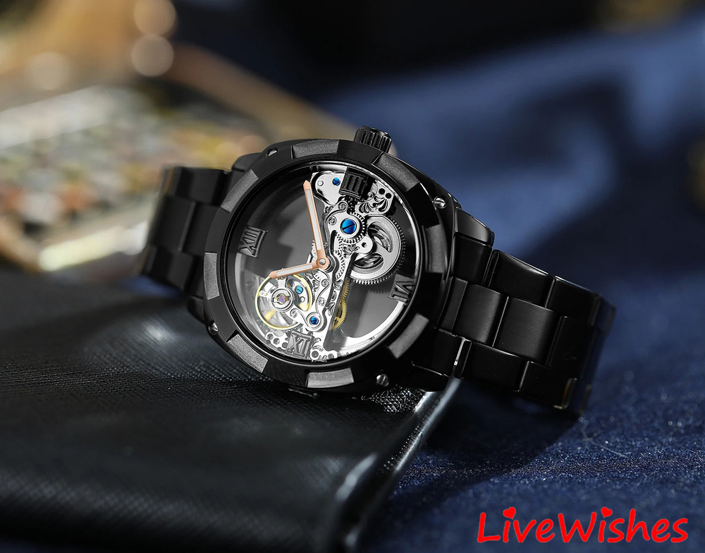 Часы наручные механические скелетоны FORSINING на кожаном ремешке, черный W8990-03