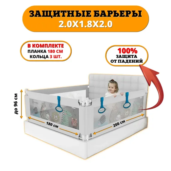 Комплект из 3-х барьеров Floopsi на кровать 2.0х1.8х2.0 м для детей от падений + соединительная планка