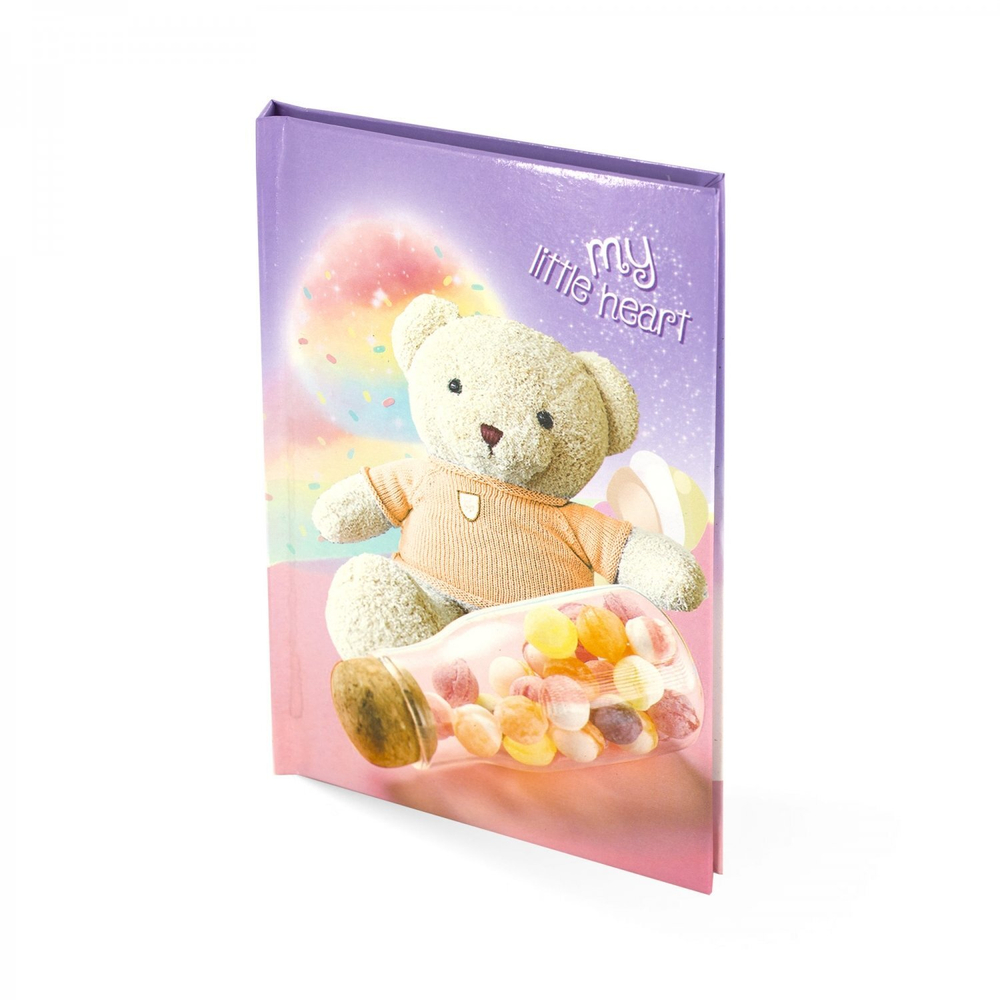 Блокнот в футляре, 14,5 см * 20,5 см, 7БЦ, Alingar, ламинация, замочек, вн.блок с дизайном, в линию, 45 л., "Мишка-мороженное", сиреневый