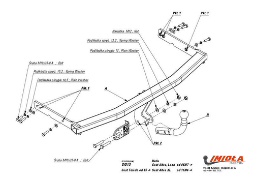 Фаркоп IMIOLA S.013 SEAT Altea 2004-2015, SEAT Altea XL 2007-2015, SEAT Altea Freetrack 2007-2015, SEAT Toledo 2004-2009(паспорт и сертификат в комплекте)(без электрики)