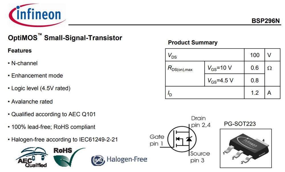 BSP296N Транзистор полевой (FETs, MOSFETs) 100 V 1,2 A