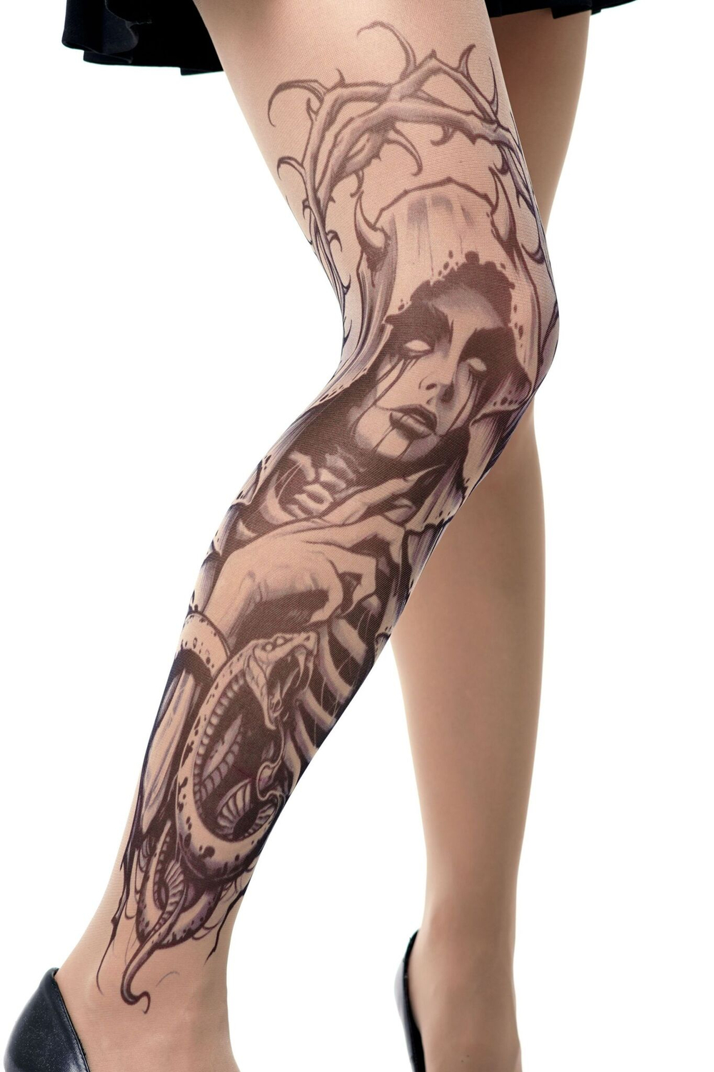 Колготки +size с принтом в виде демоницы со змеёй (Размер: XL-XXL-XXXL) (Цвет: бежевый)