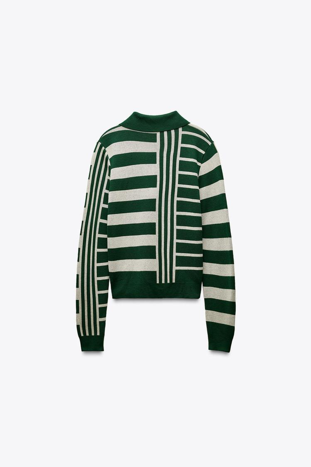 ZARA СВИТЕР В ПОЛОСКУ С ВОРОТНИКОМ ПОЛО, ЗЕЛЕНЫЙ