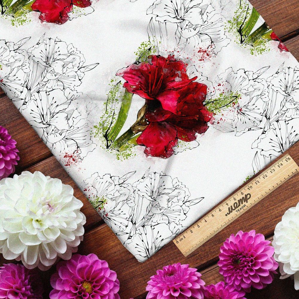 Ткань таффета пышные красные цветы