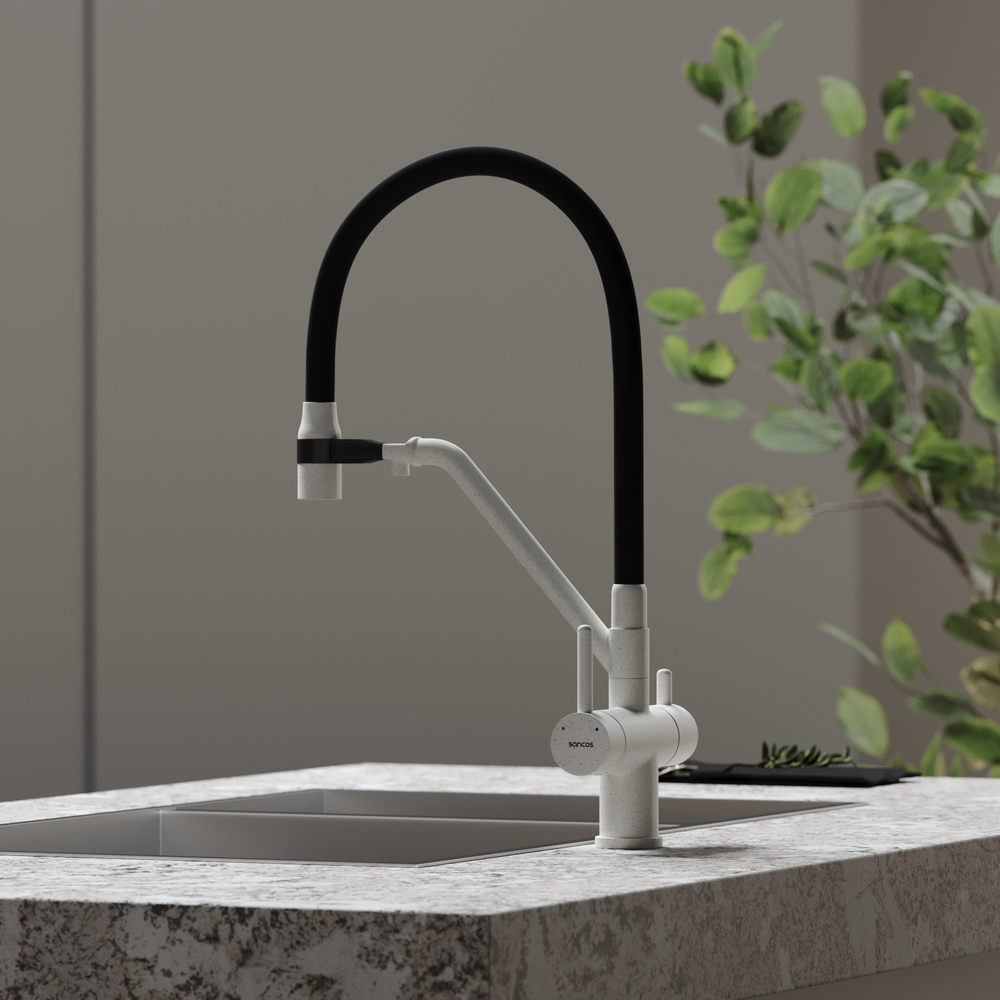 Смеситель для кухни Sancos Dora с гибким изливом, цвет белый гранит/черный, арт. SC4003GR