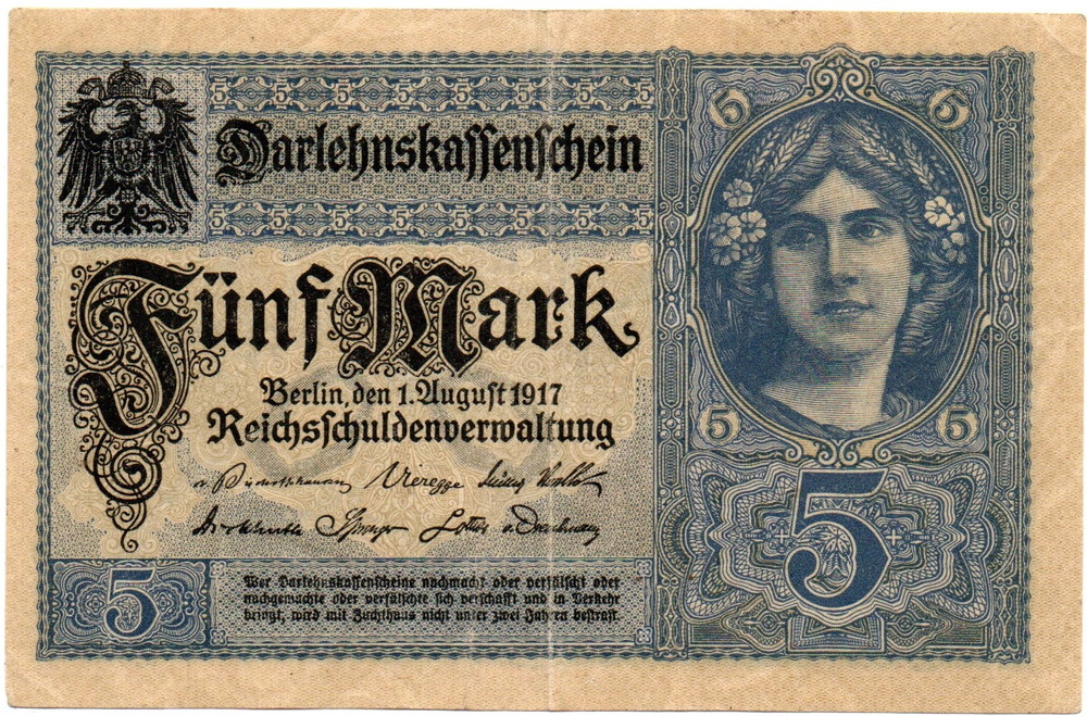 Банкнота 5 марок 1917 год Германская Империя