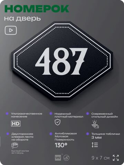 Номерок на дверь квартиры 487, для кабинета, офиса, шильдик 9 х 7 см, черный, Айдентика Технолоджи