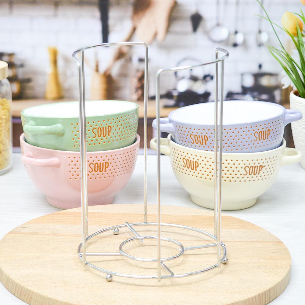 Набор бульонниц 4 предмета 650мл на подставке "Пастель"