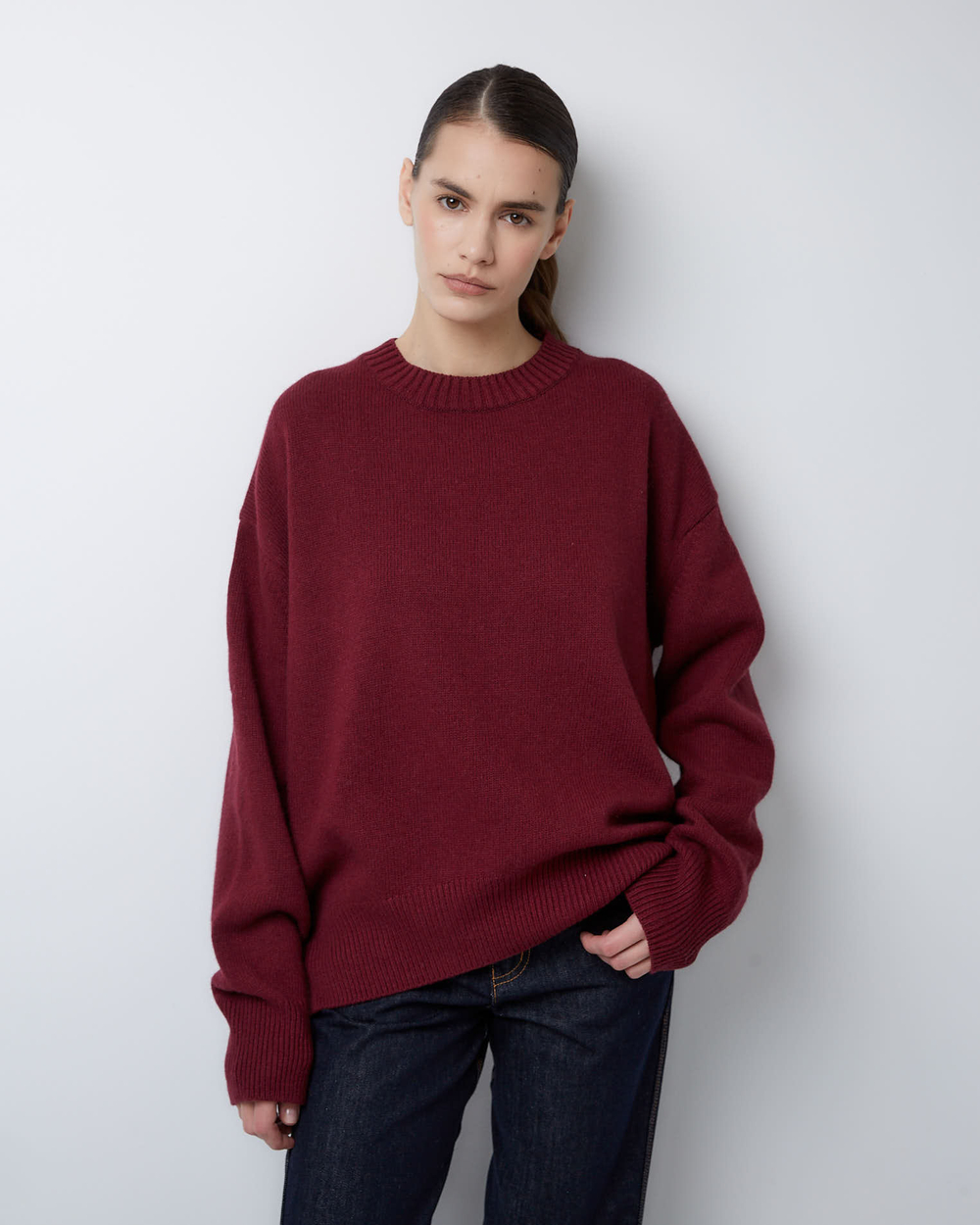 Джемпер из смесового кашемира с круглым вырезом бордо