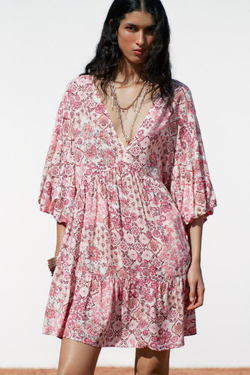 ZARA ПЛАТЬЕ ИЗ ТКАНИ С ПРИНТОМ С ОБЪЕМНЫМИ РУКАВАМИ, РАЗНОЦВЕТНЫЙ