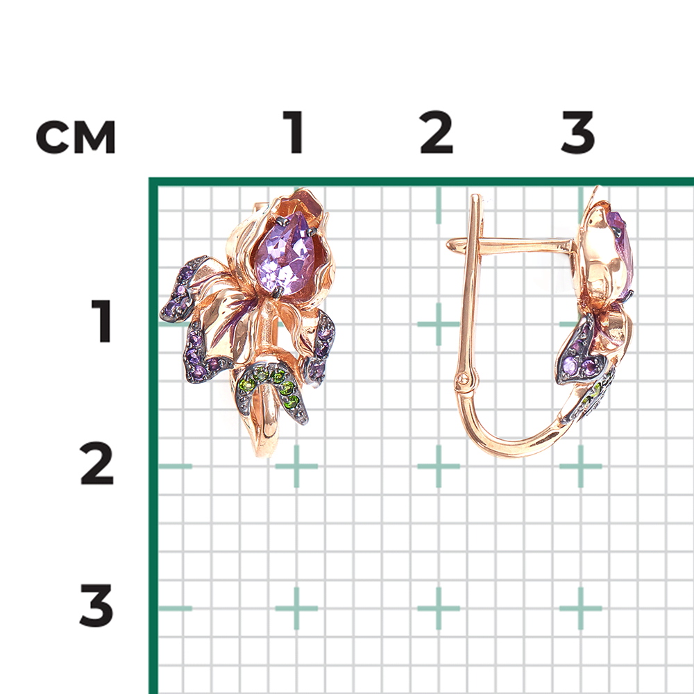 Серьги «Ирисы» с английским замком из красного золота с аметистами, хромдиопсидами и эмалью