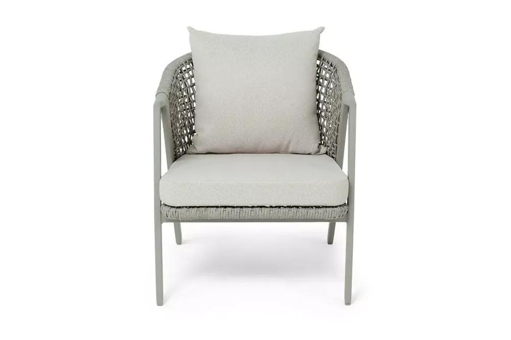 "Амстердам" кресло плетеное из роупа, каркас алюминий, роуп серый круглый, ткань бежевая