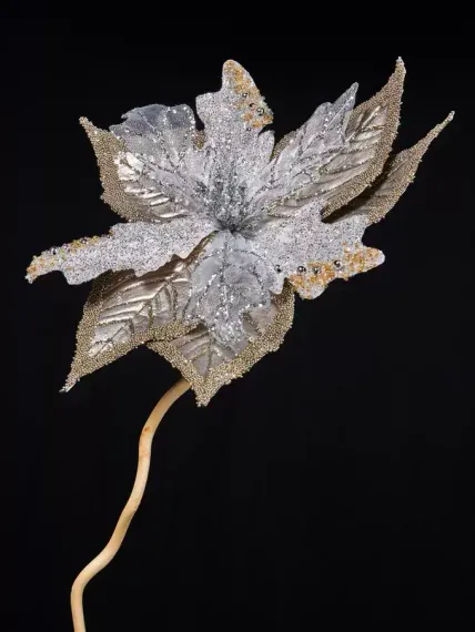 Декоративный цветок Пуансеттия 24х20 см., платина с серебром, на клипсе, Christmas DeLuxe (88921)