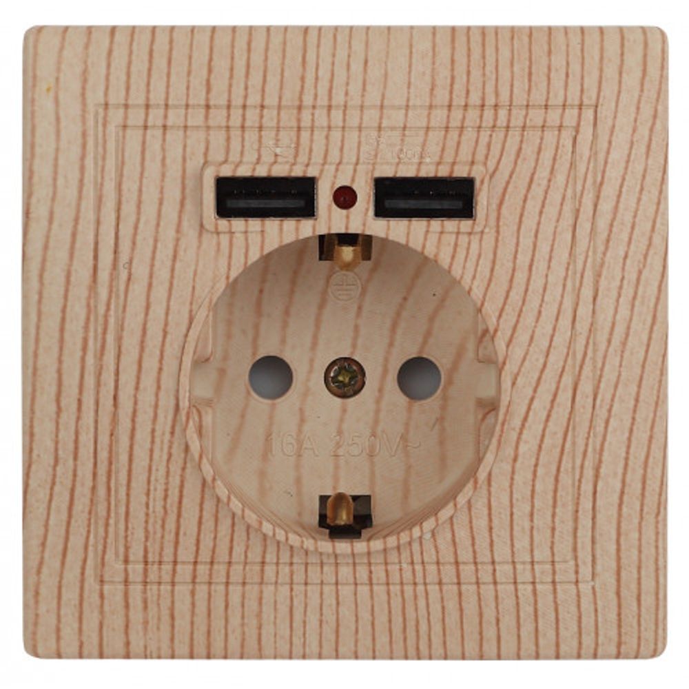 Розетка Intro Plano 1-410-11 с заземлением 2P+E Schuko со шторками 16А-250В + 2хUSB 5В-2 1А IP20 СУ сосна |